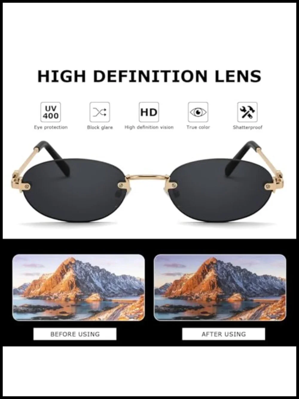 Retro Small Oval Rimless Sunglasses, Gold Metal Frame, UV400 Protection